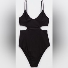 NWT Aerie Shine Rib Voop Cheeky One Piece Swimsuit in True Black - Size L