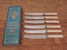 Vintage Boxed Set 6 x Faux Bone Handle DESSERT KNIVES - Fry & Wigfull Sheffield