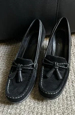 Franco Sarto Pump Black Leather Heels Tassle Shoes Size US 7.5M Womens