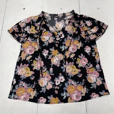 SHEIN Shirt Womens Large Black Floral Ruffle Neck Flutter Short Sleeve Tie Neck
