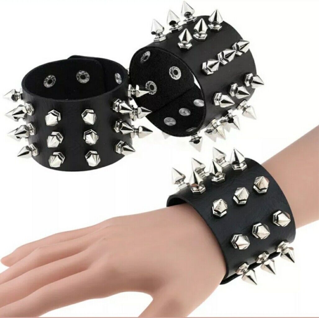 Unisex Black Metal Spike Studded Punk Rock Biker Wide Strap Leather  Bracelet USA