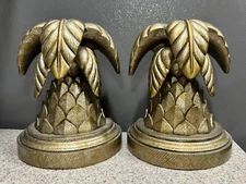 Pair (2) Cast Resin Bookends Palm Trees Golden Heavy! Felt Bottoms 7”x5”x4” EUC!