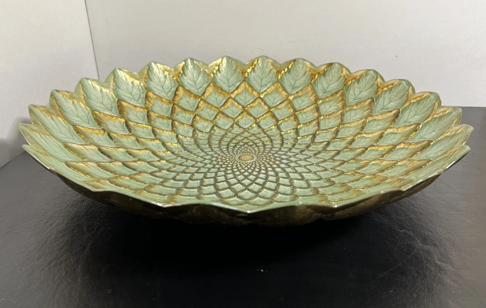 Tigela Grande de Vidro Vintage Arda 15 1/2" Pier 1 Importações Turquia Verde e Ouro - Imagem 3 de 4