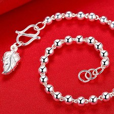 LOVELY 7 INCHES 3MM 925 STERLING SILVER BALL BRACELET WITH LEAF CHARM