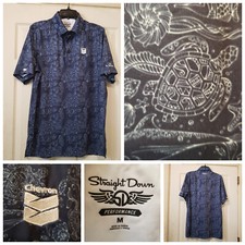Straight Down Polo Shirt Mens Medium Blue Sea Animals Golf Performance Chevron