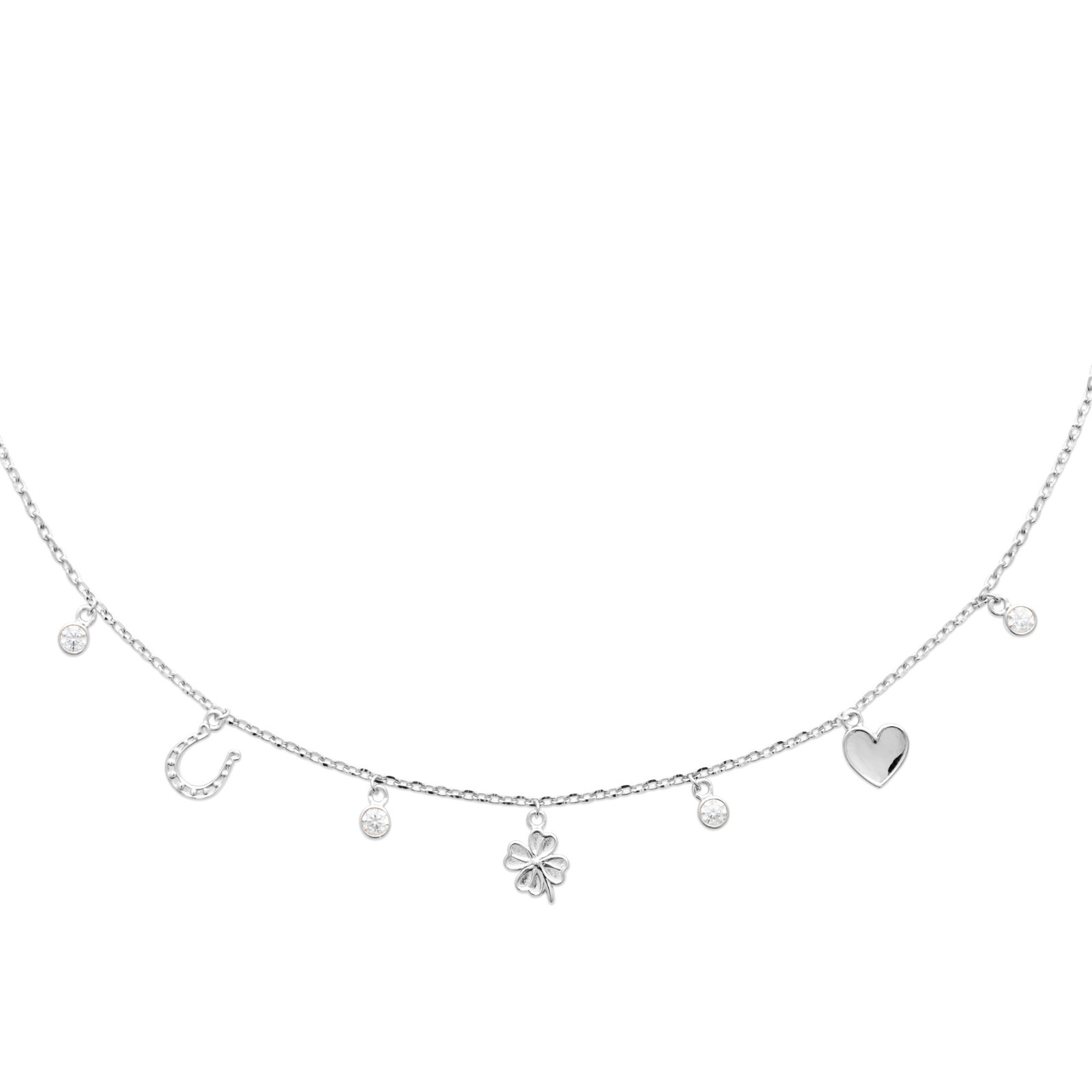 Collier argent 925 rhodié avec pampilles porte-bonheur en maille jaseron fine