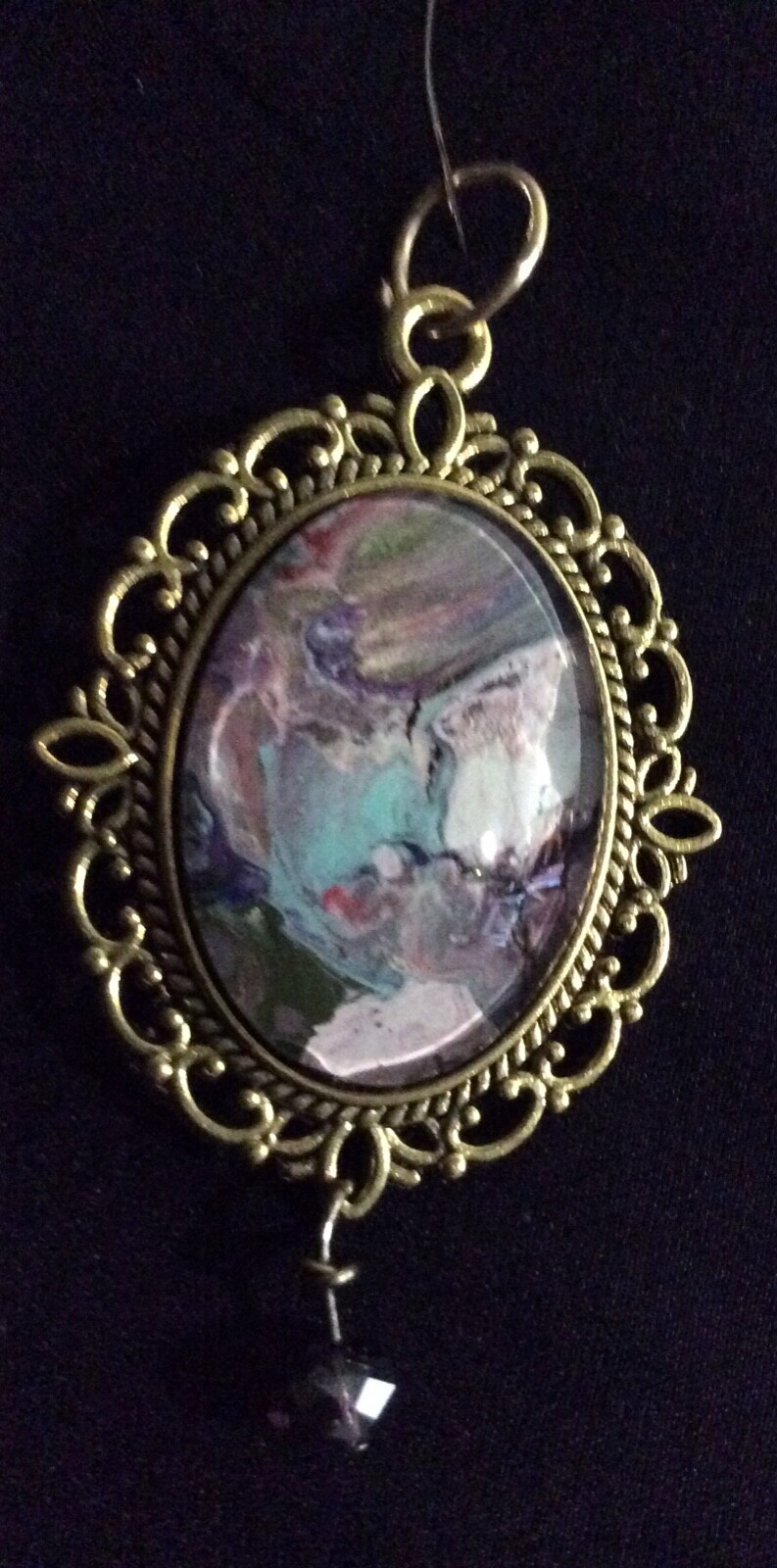 2 wearable art pendants antique finish gold & brass blue,purple,pink