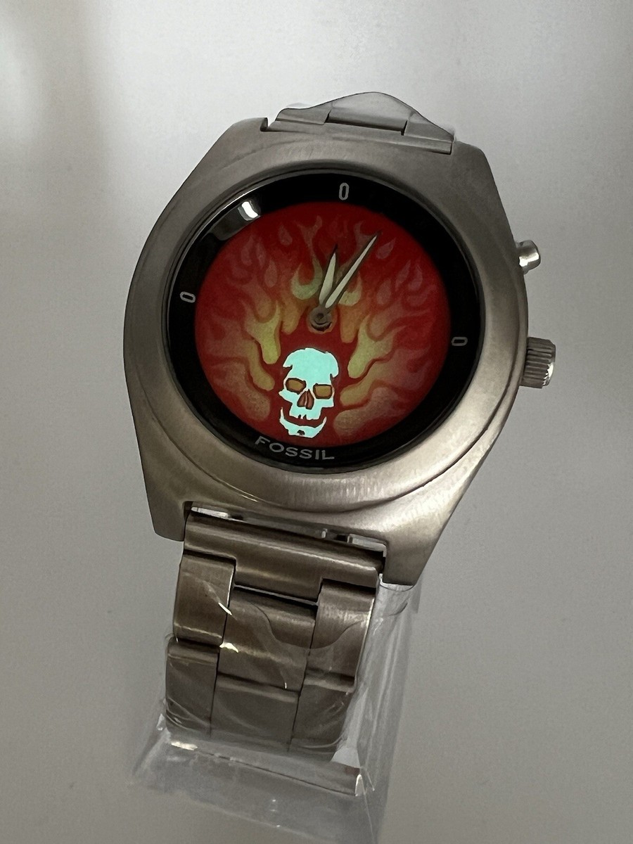 SUPER RARE Fossil Big Tic JR-8651 Glowing LCD Watch Skull Flames New Box  Tags