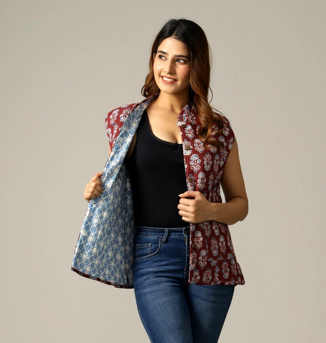Reversible Women Button Up Sleeveless Quilted Cotton Floral Print