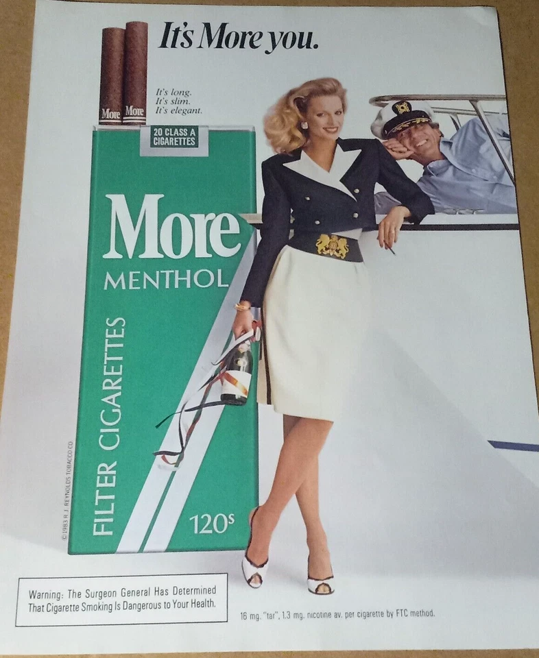 Página de anuncio impresa 1984 - Más cigarrillos SEXY chica rubia hombre fumador barco champán Foto 2 de 2