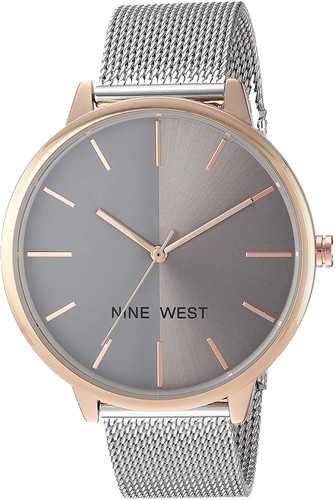 Nine West Womens Gunmetal Mesh Bracelet Watch Floral Dial Rose Gold Accents Nine West Women main image 2