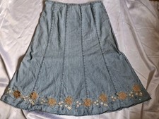 Y2K Boho Denim Maxi Skirt Floral Embroidered Sequin 2000s Vintage UK 12