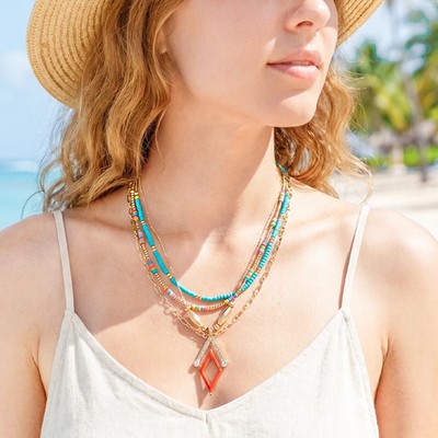 Summer Bohemian-Style Layered Necklace   Colorful Seed Bead & Rhombus Pendant Cl