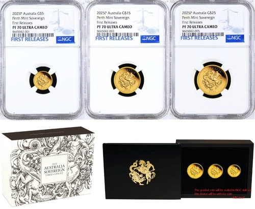 3-Coin Set 2025 Australia Quarter+Half+One Sovereign GOLD $5 $15 $25 NGC PF70 F