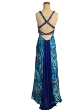 Riva Design Blue / green Beaded Silk Evening Gown With Open Back, sweeping train