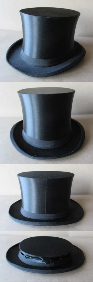 ANTIGUO SOMBRERO DE COPA DE ÓPERA PLEGABLE DE SEDA MARCADO ALEMÁN ANTIGUO GIBUS / TALLA 57 – 71/8 Foto 3 de 4