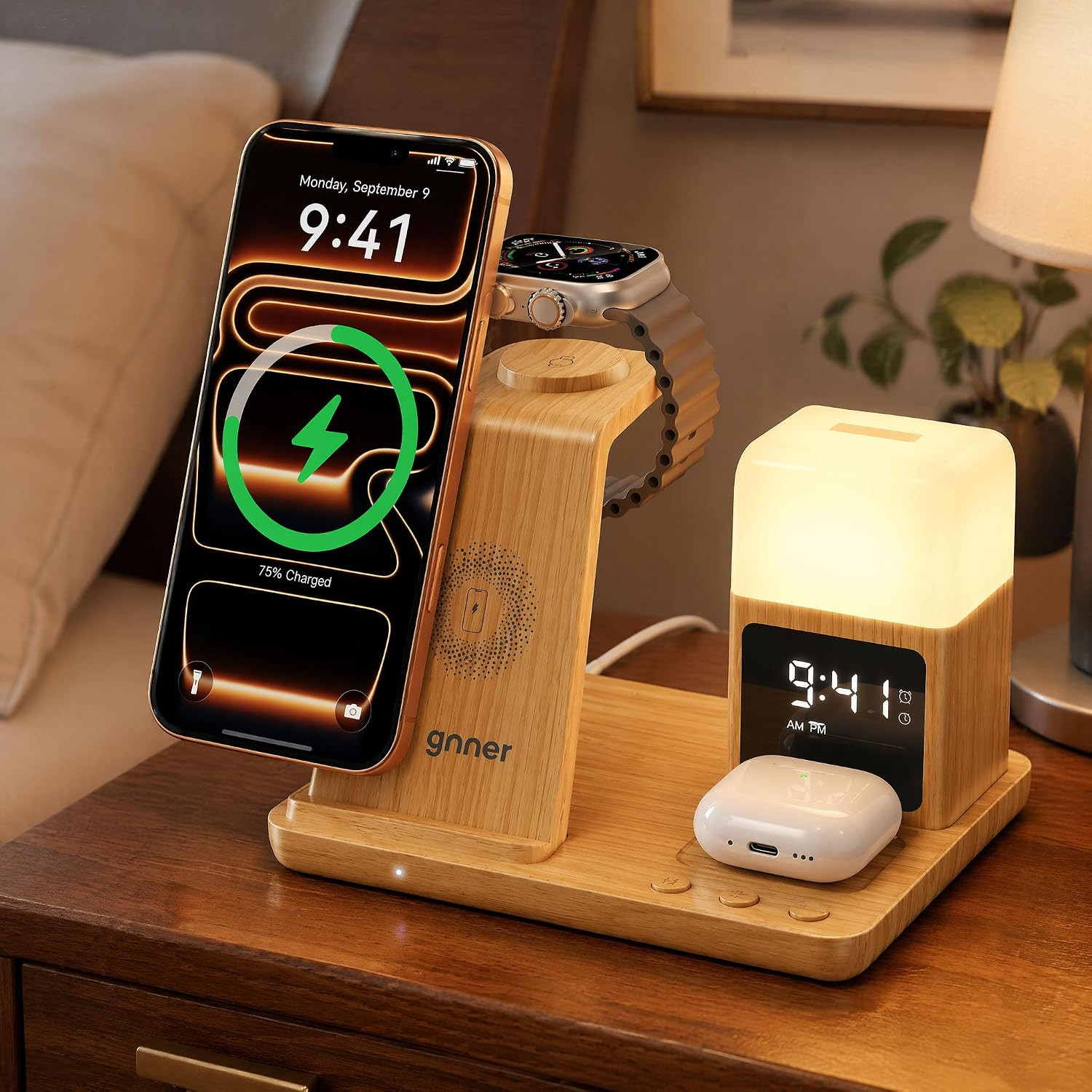 6 in 1 Wireless Charging Station with Clock & Night Light，Alarm Clocks for Bedro