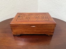 Vintage Hand-Carved Wooden Trinket Box Dovetail Joints Floral Scroll Motif