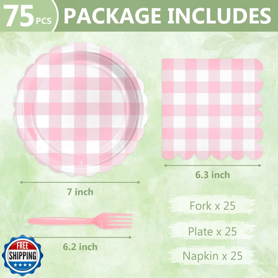 Juego de 75 platos y servilletas desechables de guinga rosa Mulbozy incluye postre aprox. Foto 3 de 4