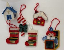 Lot of 6 Vintage Handmade Needlepoint Plastic Canvas Christmas Ornaments