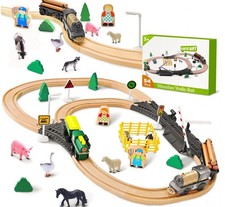 Wooden Train Track Set for Toddler, 54-Piece Farm Train Toy Set for Kids 3-5 ...