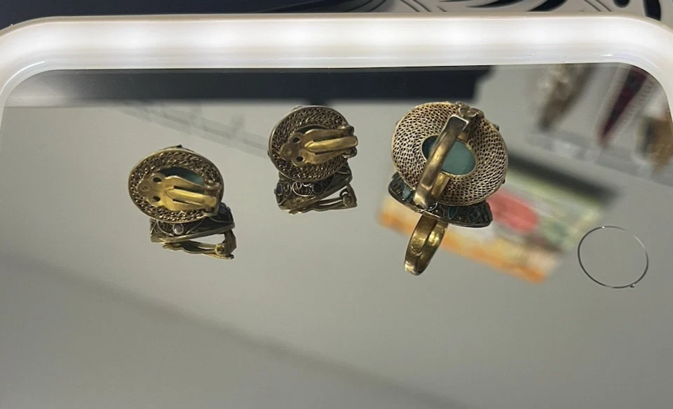 中国古董纯银珐琅天然浅蓝色绿松石耳环戒指 — 第 2/3 张图片