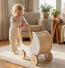 Wooden Baby Push Walker Cart Pram Style w/ Handle, White Beige, 4 Wheels