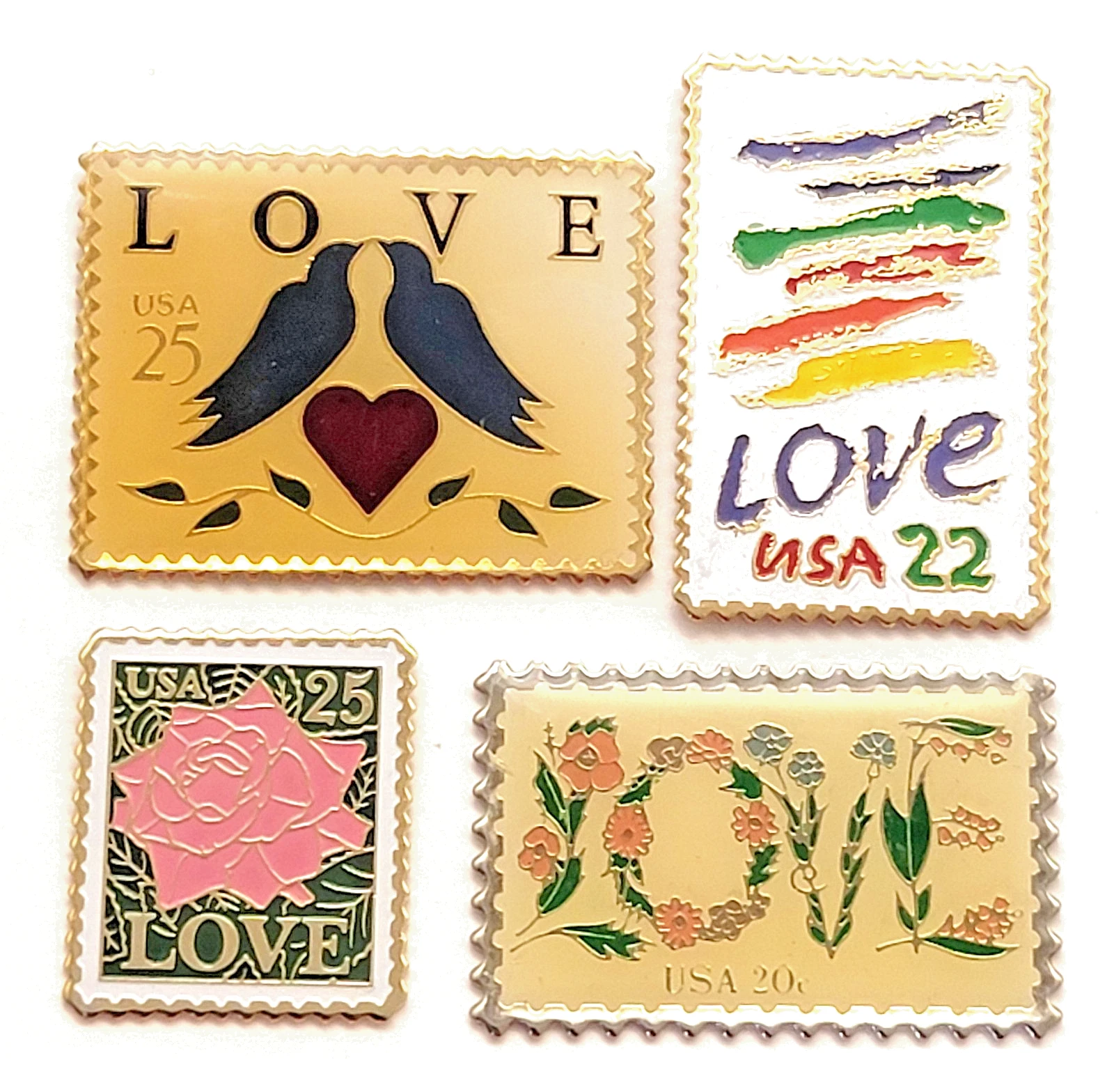 Vintage USPS Love Birds Dove Crayon Rose Floral Romantic Stamp Enamel Pin Lot 4