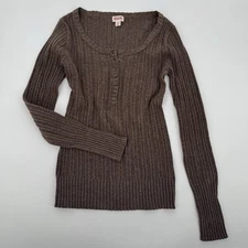 Brown Fitted Henley Sweater S Y2K 2000s Grunge Boho Preppy Ribbed Knit