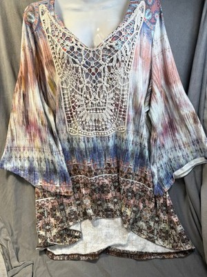 World Unity Tunic Womens 1X Crochet Lace Boho V-Neck Sleeve Paisley Hi-Lo