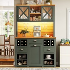 Kitchen Cupboard Tall Cabinet with LED, Countertop, Glass Doors and Wine Racks