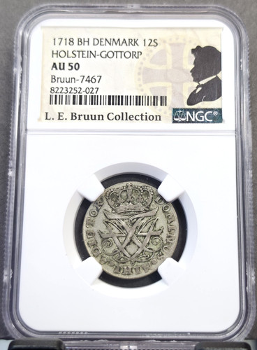 1718 DENMARK SILVER 12 SKILLING HOLSTEIN GOTTORP NGC AU 50 RARE HIGH GRADE