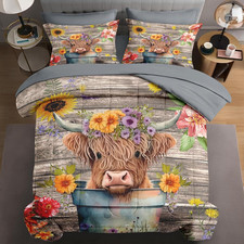 Highland Cow Floral Twin Comforter Set with Pillowcase  Sheets for Kids  Adult