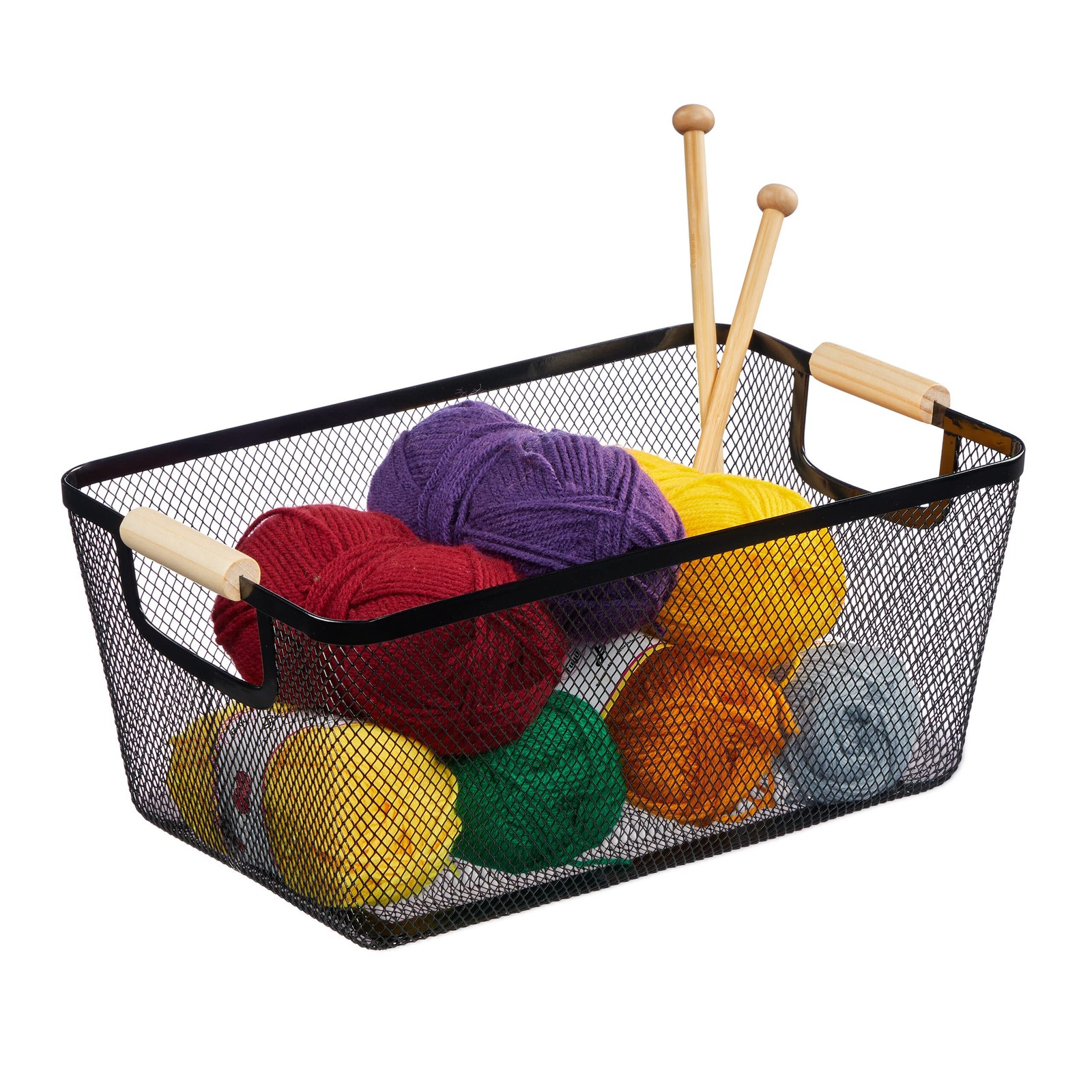 Panier de rangement rectangulaire empilable avec poignées bois amovibles corbeille métal