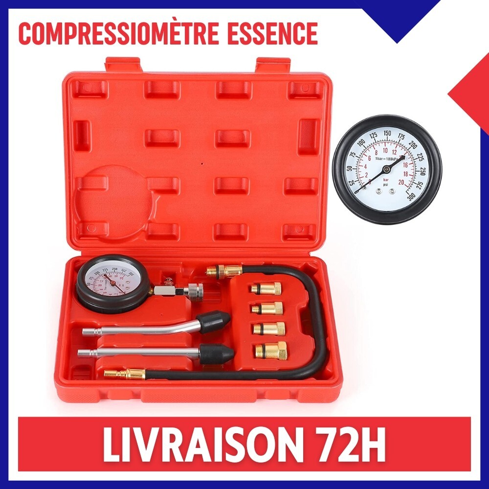 Testeur de compression essence avec cadran antichoc 300 PSI et adaptateurs
