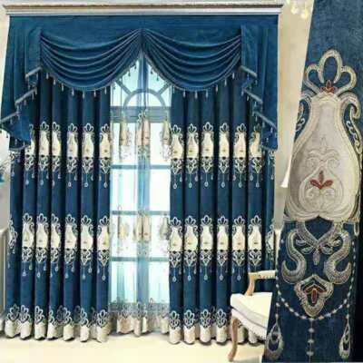 Noble Chenille gold thread embroidery blue cloth curtain valance drape C1812