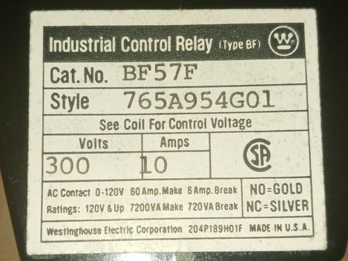 Westinghouse BF57F Industrial Control Relay, 300V, 10 Amps, Style 765A954G01 - Picture 3 of 3