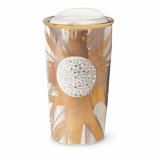 STARBUCKS 2014 LIMITED EDITION GOLD & WHITE TRAVEL MUG WITH SWAROVSKI CRYSTALS