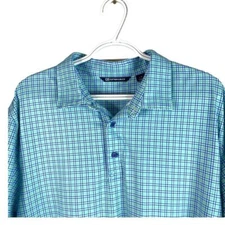 Cutter & Buck Polo Shirt Mens L Blue Plaid Short Sleeve Polyester Stretch MINT