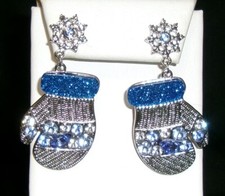 Snowflake Mitten Earrings-Glittery/Rhinestones-Pierced NEW
