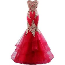Red Long Mermaid Wedding Dresses Strapless Trumpet Ruffled Bridal Gowns Applique