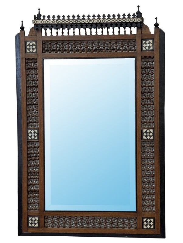 Antique Moroccan Wood/Inlaid Bone Mirror, 38″H, PA6707