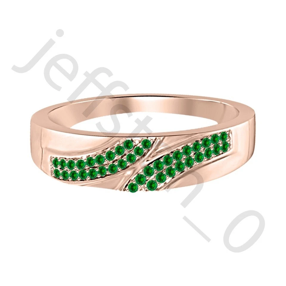 0.40 Ct Lab Created Emerald 14K Rose Gold Over Anniversary Band Ring For Men's - Image 2 of 4