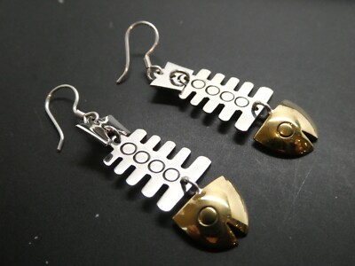 Fishbone Skeleton Mexico Sterling Silver 925 Drop Dangle Articulated Earrings
