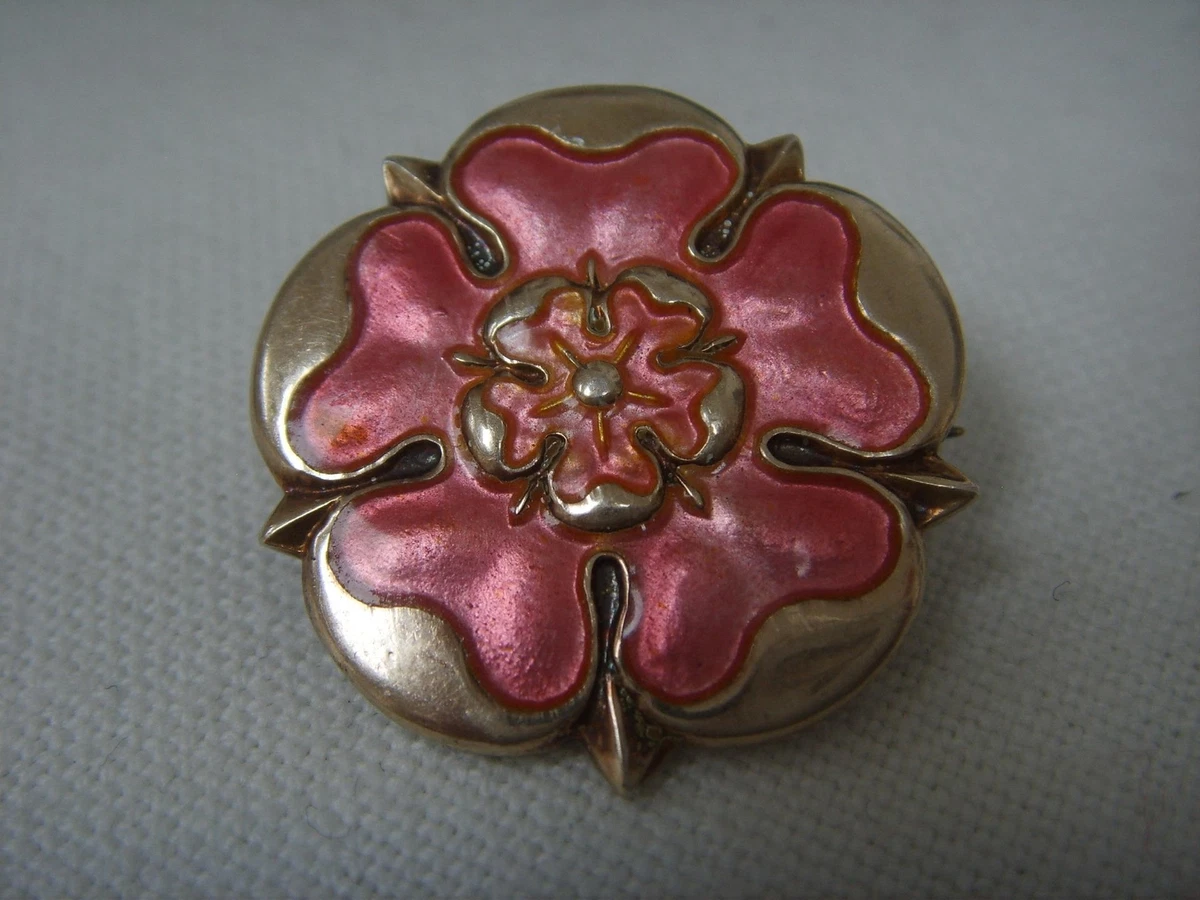 ENGLISH TUDOR ROSE SILVER PINK ENAMEL BROOCH PENDANT VAUGHTON SONS 1951