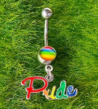 Gay Pride Epoxy Belly Ring Rainbow Dangle Pierced Navel Naval Body Jewelry