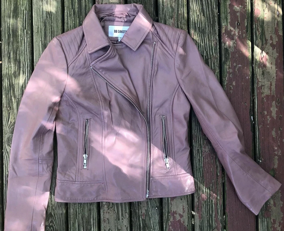 New $368 BB Dakota XS Real Leather Pink Rose Taupe Moto Jacket Coat - Image 3 of 4