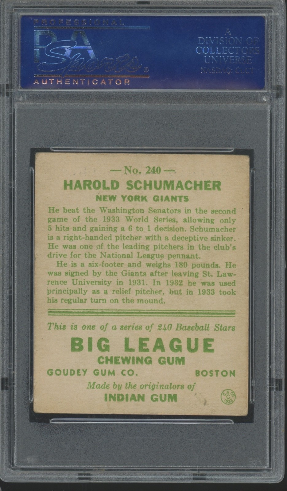 1933 Goudey #240 Harold Schumacher VG EX PSA 4 view 2