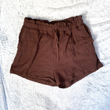 Cotton Gauze Shorts Womens  Size L Brown Ruffle Waist 100% Cotton