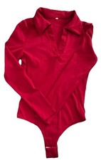 Women s Red Long Sleeve Collared Bodysuit Thong Snap Crotch Stretch S